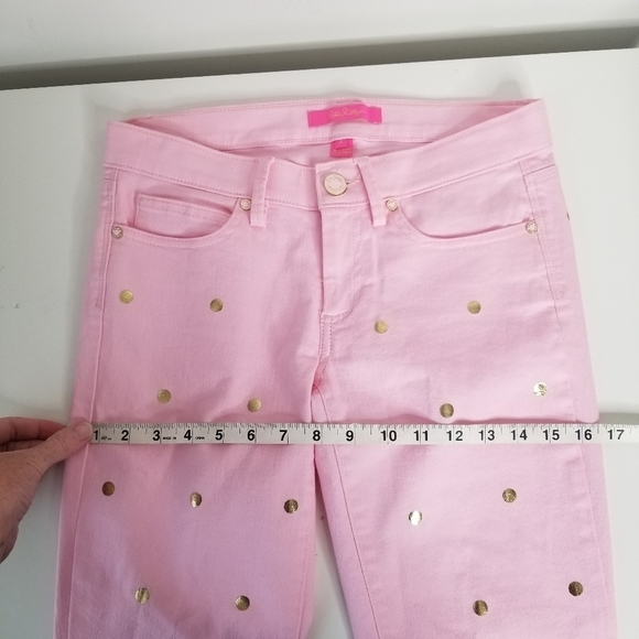 Lilly Pulitzer South Ocean Crop Flare Pink Tropics Polka Dot Denim Jeans Size 2 - Picture 6 of 15